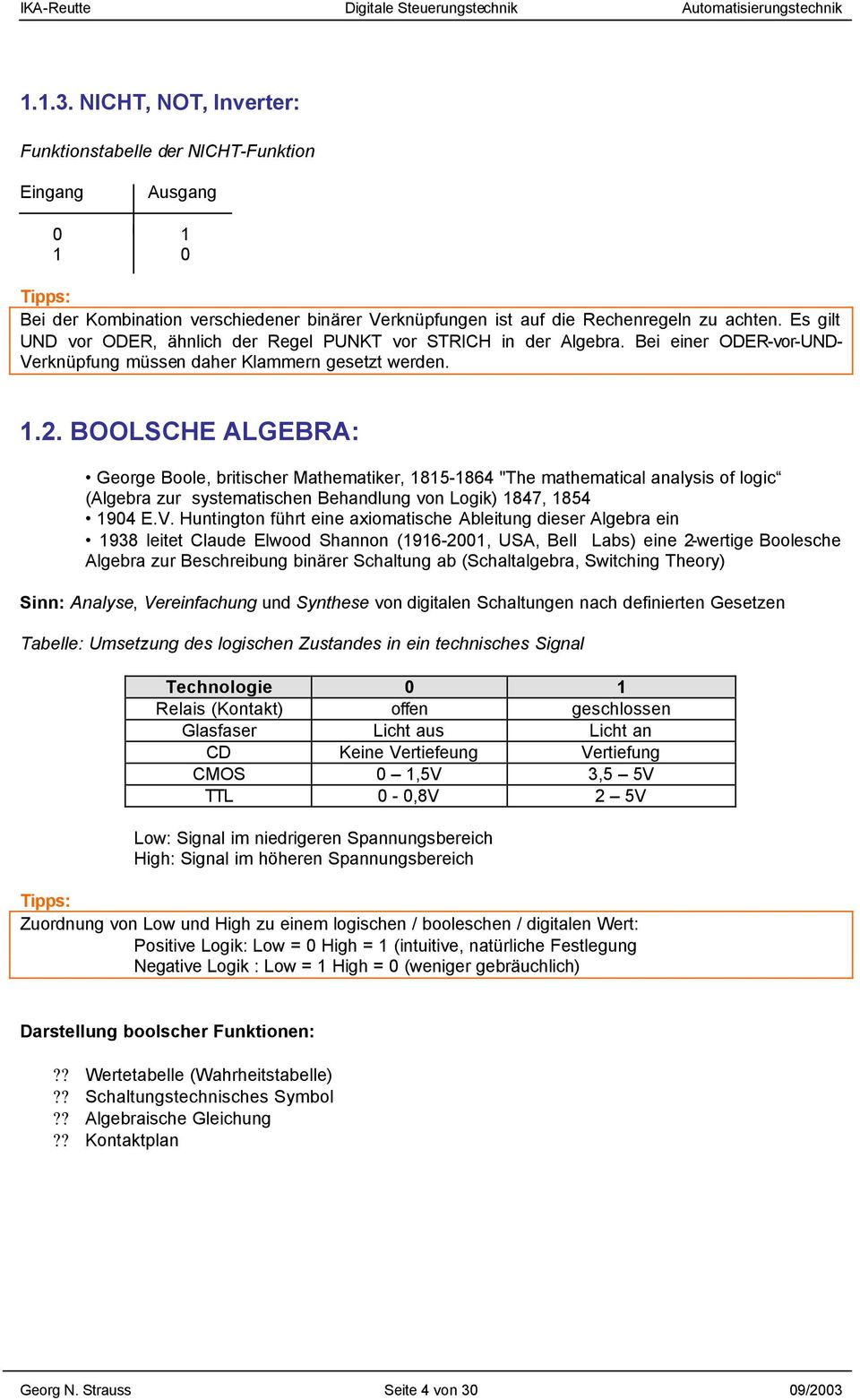 BOOLSCHE ALGEBRA: George Boole, britischer Mathematiker, 1815-1864 "The mathematical analysis of logic (Algebra zur systematischen Behandlung von Logik) 1847, 1854 1904 E.V.
