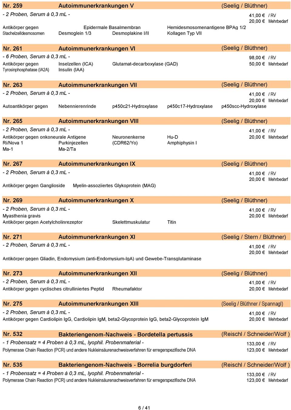 261 Autoimmunerkrankungen VI (Seelig / Blüthner) - 6 Proben, Serum à 0,3 ml - 98,00 / RV Antikörper gegen Inselzellen (ICA) Glutamat-decarboxylase (GAD) 50,00 Mehrbedarf Tyrosinphosphatase (IA2A)