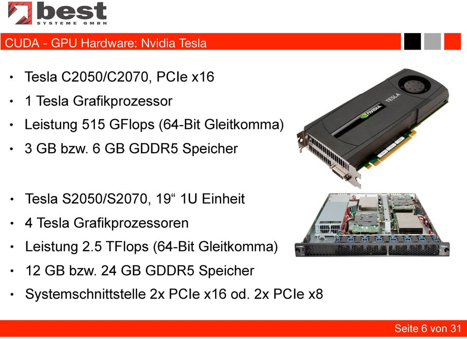 6 GB GDDR5 Speicher Tesla S2050/S2070, 19 1U Einheit 4 Tesla Grafikprozessoren