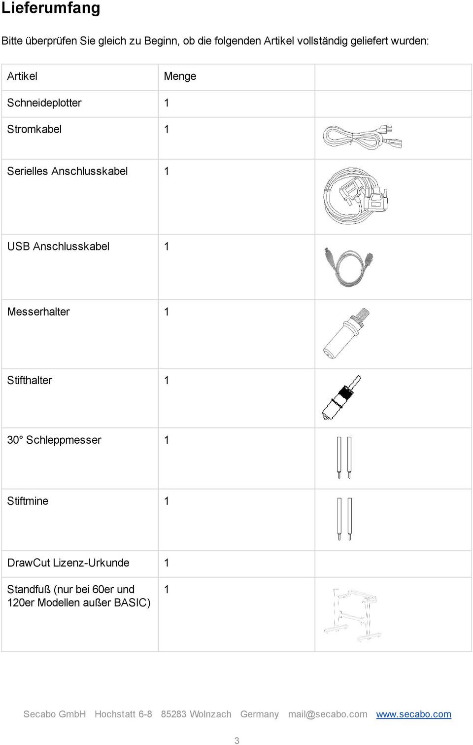 Anschlusskabel 1 USB Anschlusskabel 1 Messerhalter 1 Stifthalter 1 30 Schleppmesser 1