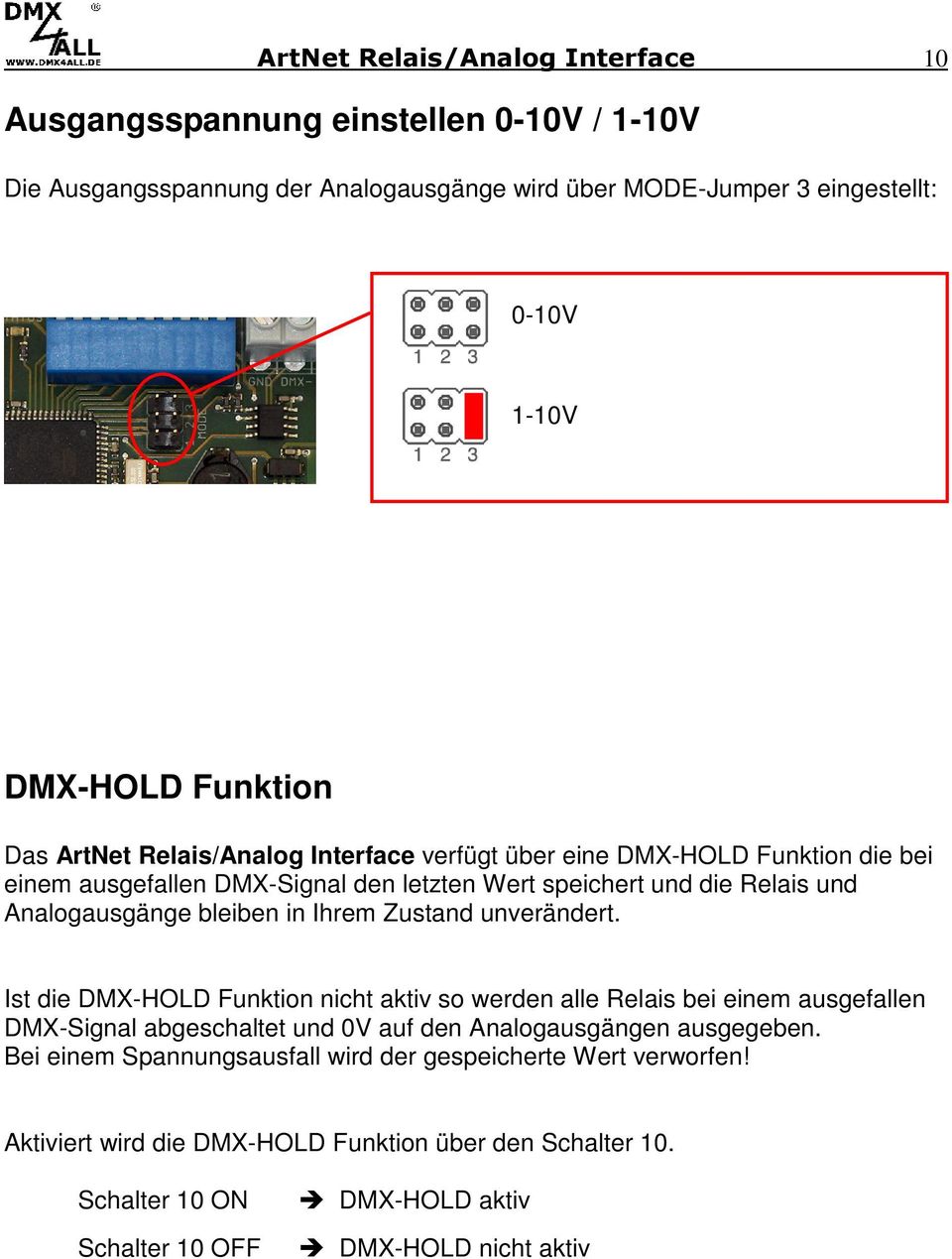Ihrem Zustand unverändert. Ist die DMX-HOLD Funktion nicht aktiv so werden alle Relais bei einem ausgefallen DMX-Signal abgeschaltet und 0V auf den Analogausgängen ausgegeben.