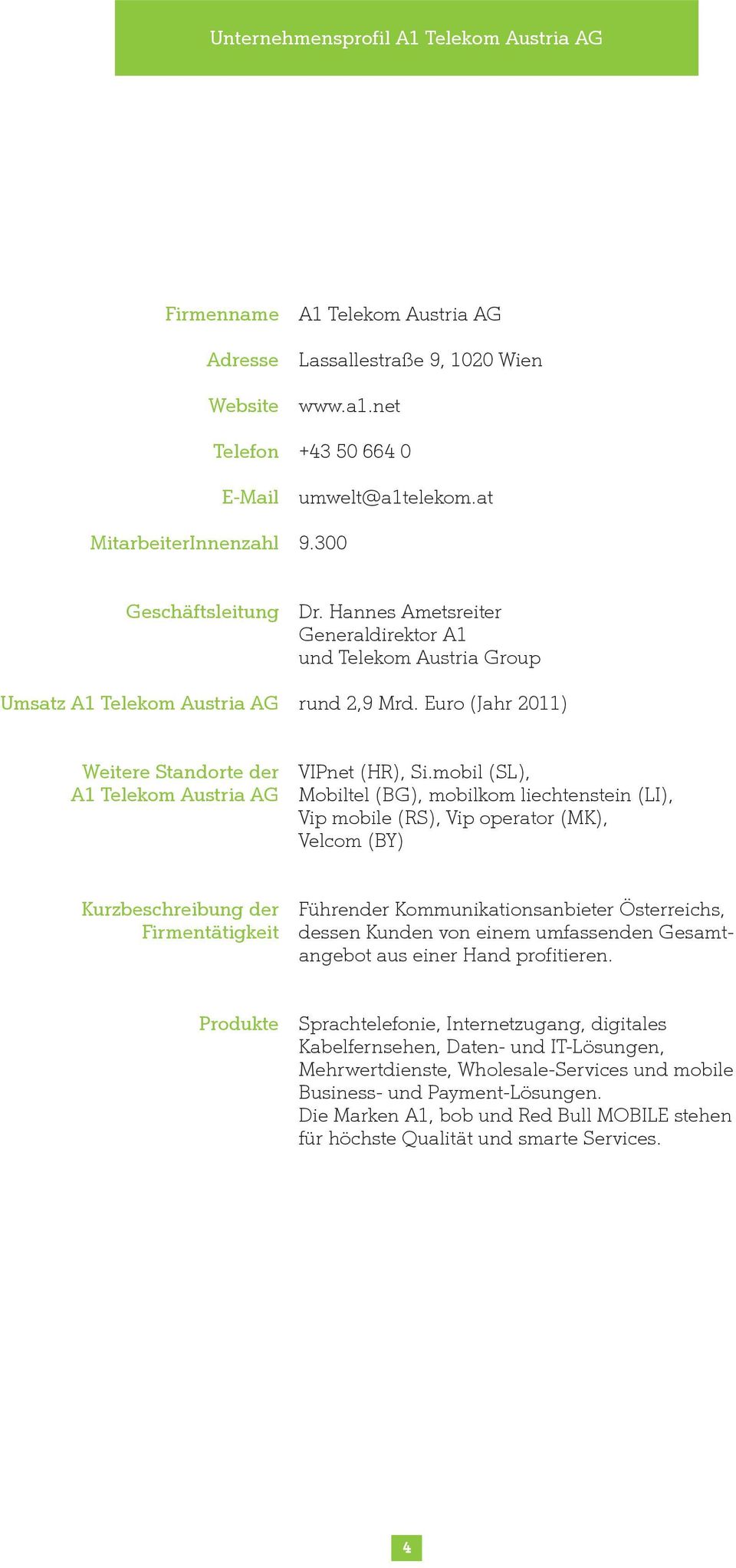 Euro (Jahr 2011) Weitere Standorte der A1 Telekom Austria AG VIPnet (HR), Si.