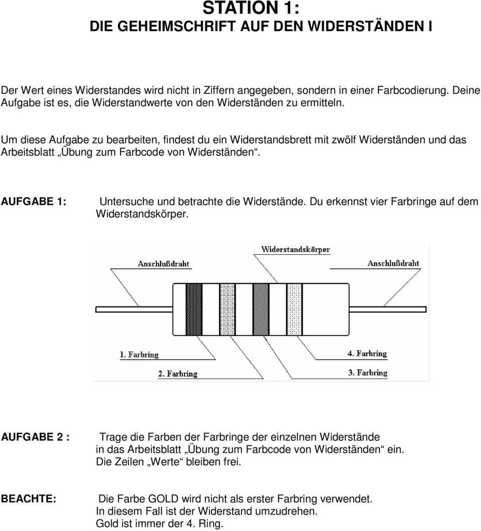 Um diese Aufgabe zu bearbeiten, findest du ein Widerstandsbrett mit zwölf Widerständen und das Arbeitsblatt Übung zum Farbcode von Widerständen.