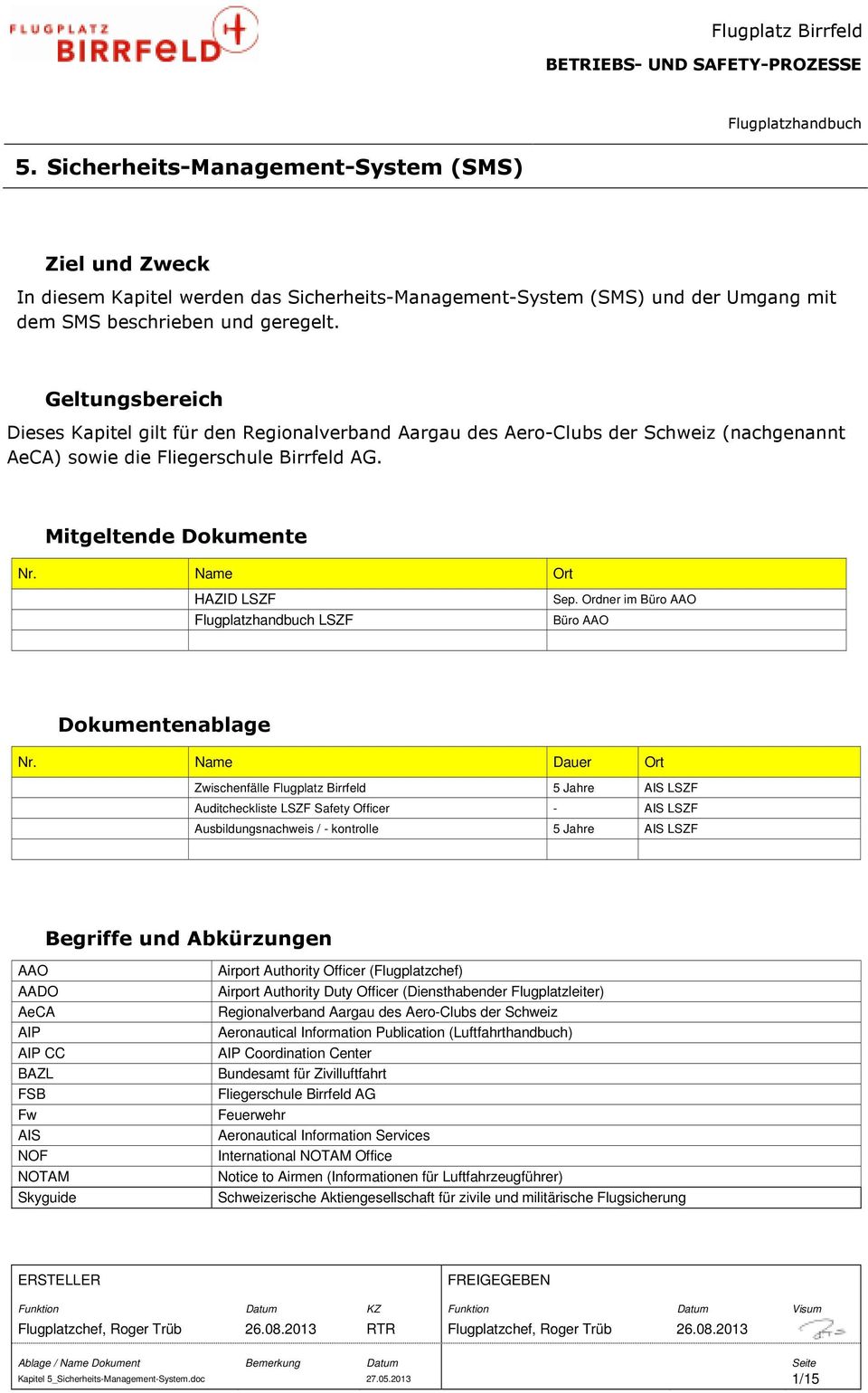 Geltungsbereich Dieses Kapitel gilt für den Regionalverband Aargau des Aero-Clubs der Schweiz (nachgenannt AeCA) sowie die Fliegerschule Birrfeld AG. Mitgeltende Dokumente Nr.