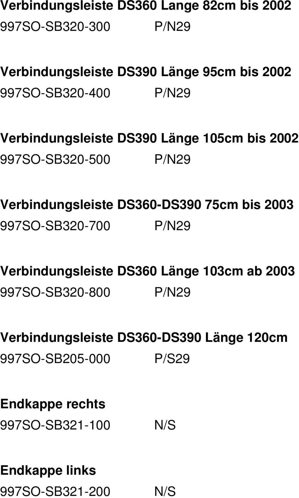 DS360-DS390 75cm bis 2003 997SO-SB320-700 P/N29 Verbindungsleiste DS360 Länge 103cm ab 2003 997SO-SB320-800 P/N29