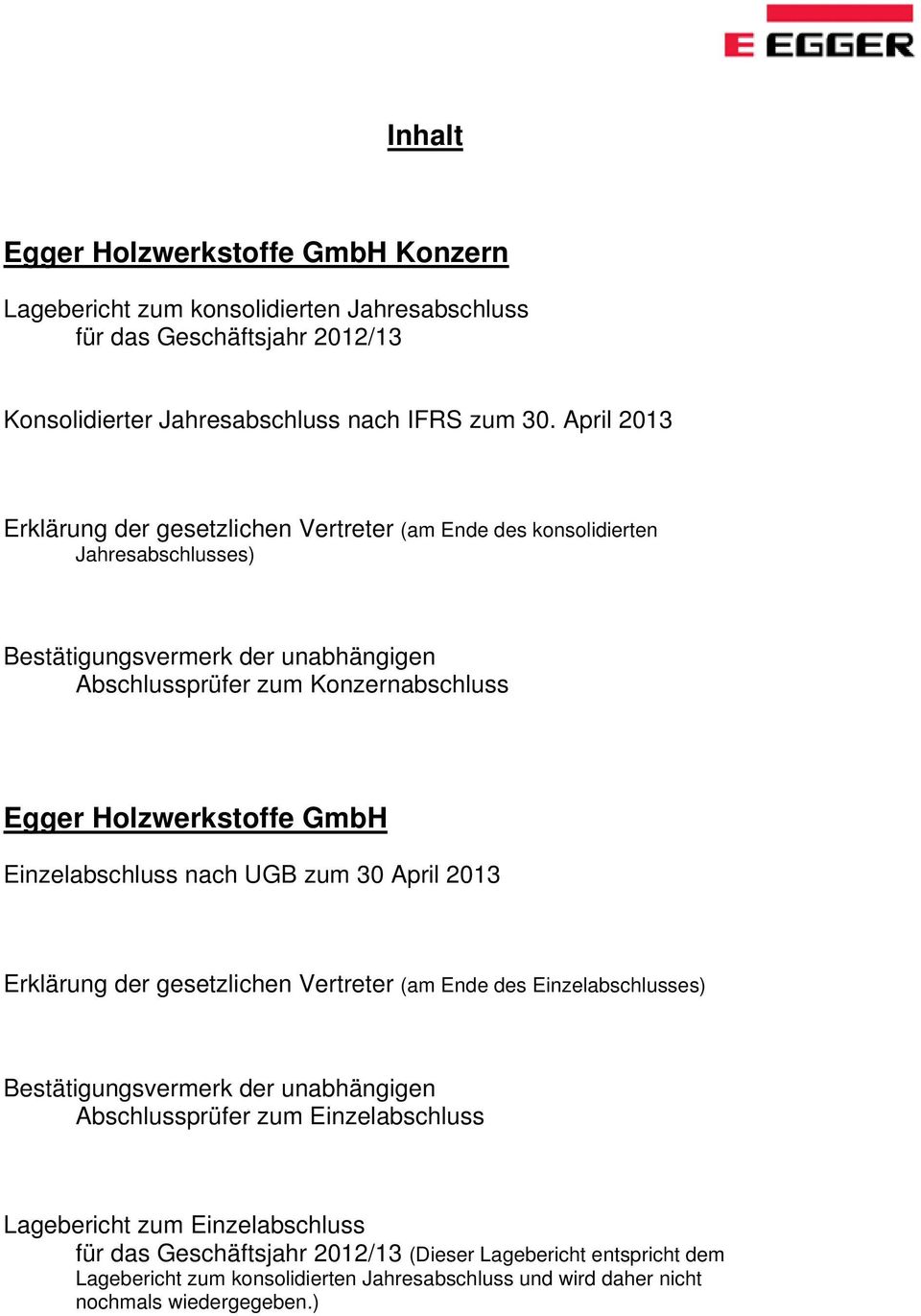 Holzwerkstoffe GmbH Einzelabschluss nach UGB zum 30 April 2013 Erklärung der gesetzlichen Vertreter (am Ende des Einzelabschlusses) Bestätigungsvermerk der unabhängigen