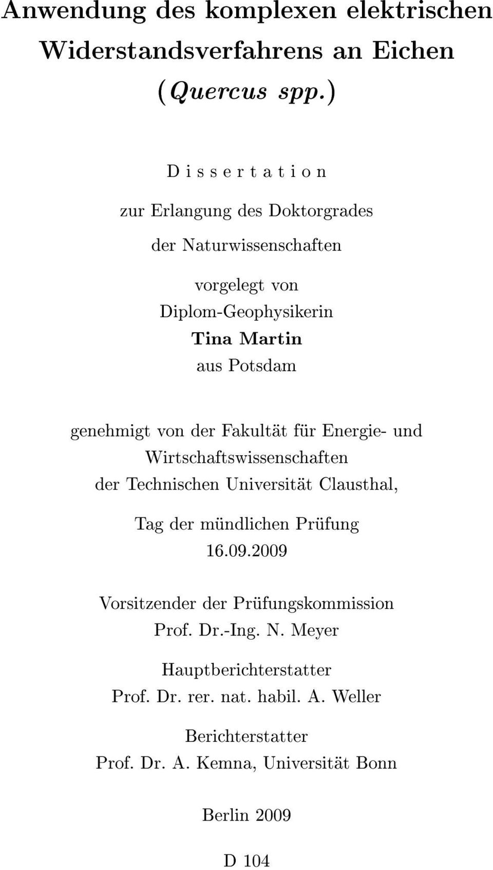 genehmigt von der Fakultät für Energie- und Wirtschaftswissenschaften der Technischen Universität Clausthal, Tag der mündlichen Prüfung 16.