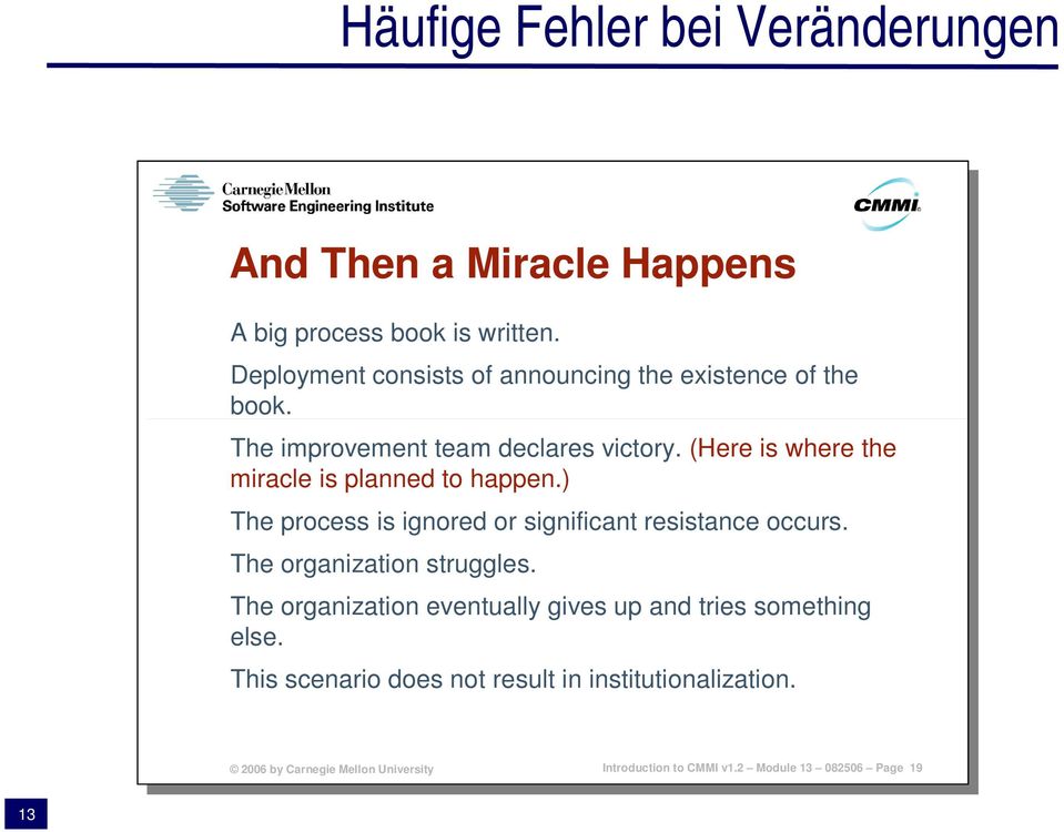(Here is where the miracle is planned to happen.) The process is ignored or significant resistance occurs.