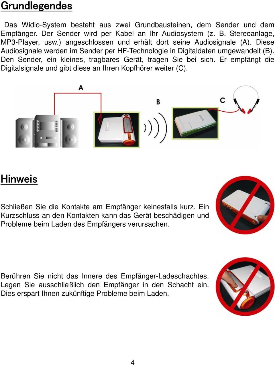 Den Sender, ein kleines, tragbares Gerät, tragen Sie bei sich. Er empfängt die Digitalsignale und gibt diese an Ihren Kopfhörer weiter (C).