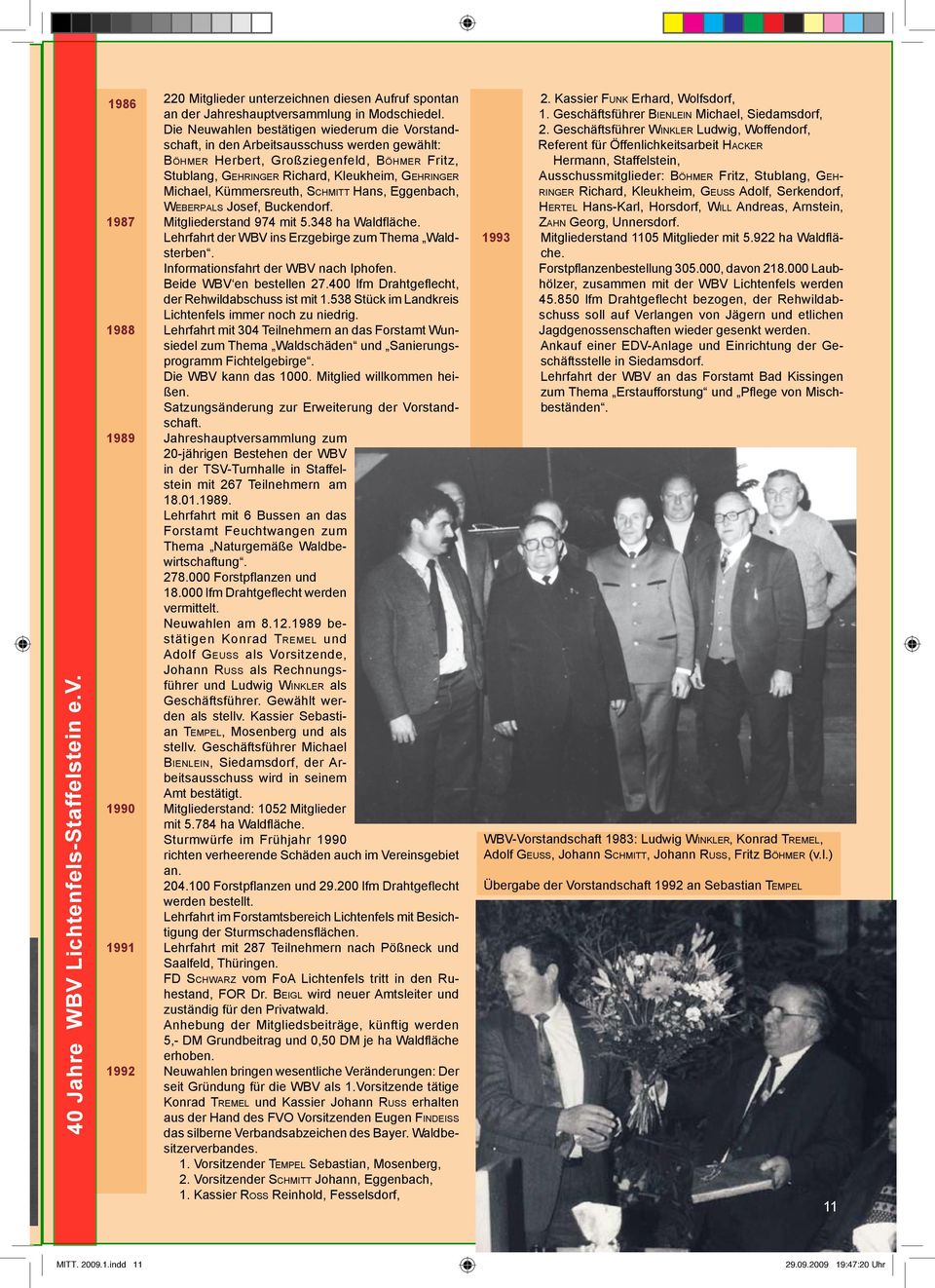 Kümmersreuth, Schmitt Hans, Eggenbach, Weberpals Josef, Buckendorf. 1987 Mitgliederstand 974 mit 5.348 ha Waldfläche. Lehrfahrt der WBV ins Erzgebirge zum Thema Waldsterben.