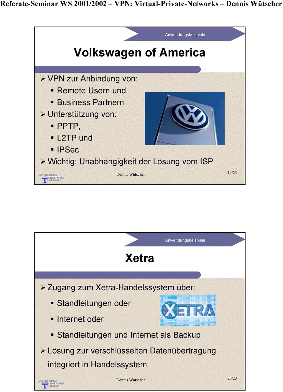 19/23 Anwendungsbeispiele Xetra Zugang zum Xetra-Handelssystem über: Standleitungen oder Internet oder