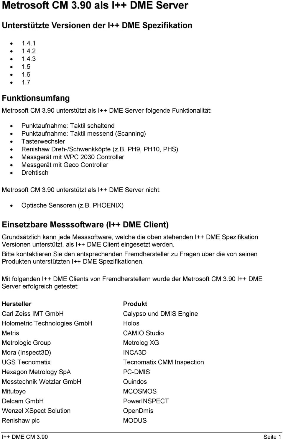 PH9, PH10, PHS) Messgerät mit WPC 2030 Controller Messgerät mit Geco Controller Drehtisch Metrosoft CM 3.90 unterstützt als I++ DME Server nicht: Optische Sensoren (z.b.