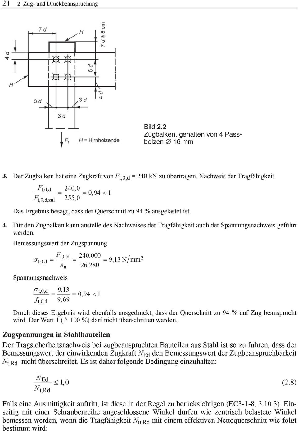 Für den Zugbalken kann anstelle des Nachweises der Tragfähigkeit auch der Spannungsnachweis geführt werden. Bemessungswert der Zugspannung t,0,d 240.000 2 t,0,d F 9,13 N mm A n 26.