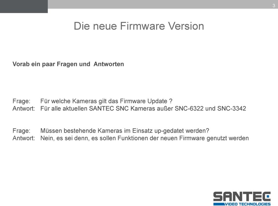 Antwort: Für alle aktuellen SANTEC SNC Kameras außer SNC-6322 und SNC-3342 Frage: