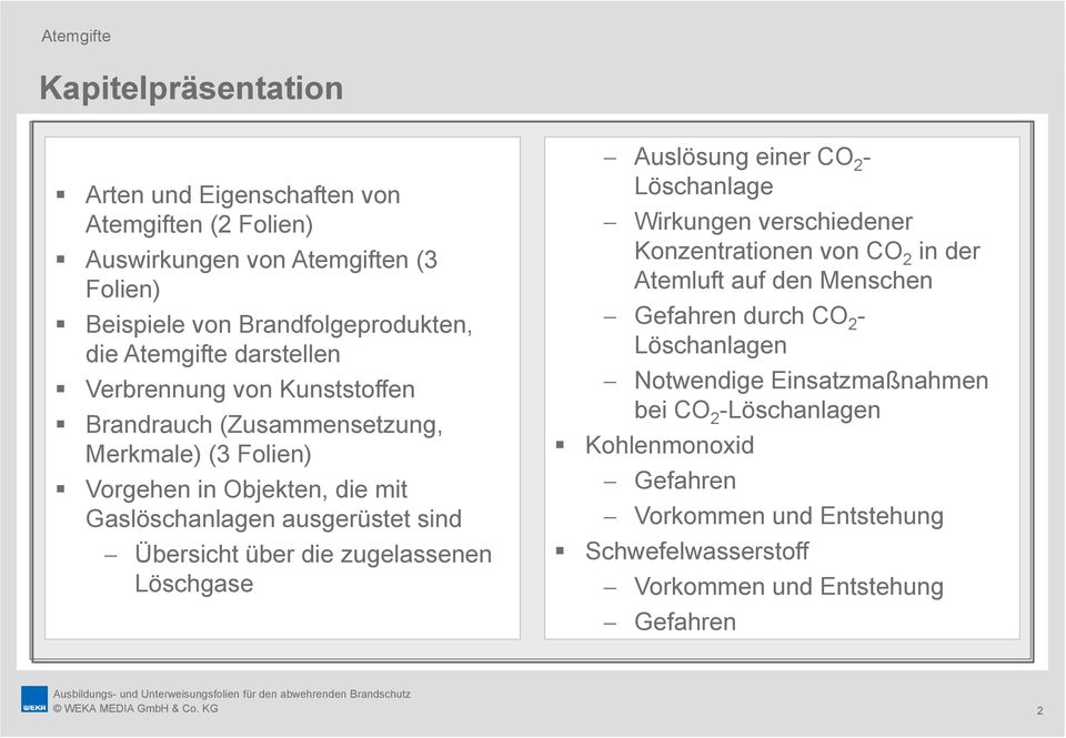 zugelassenen Löschgase Auslösung einer CO 2 - Löschanlage Wirkungen verschiedener Konzentrationen von CO 2 in der Atemluft auf den Menschen Gefahren durch CO 2 -