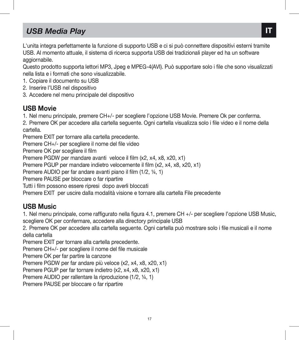 Può supportare solo i file che sono visualizzati nella lista e i formati che sono visualizzabile. 1. Copiare il documento su USB 2. Inserire l USB nel dispositivo 3.