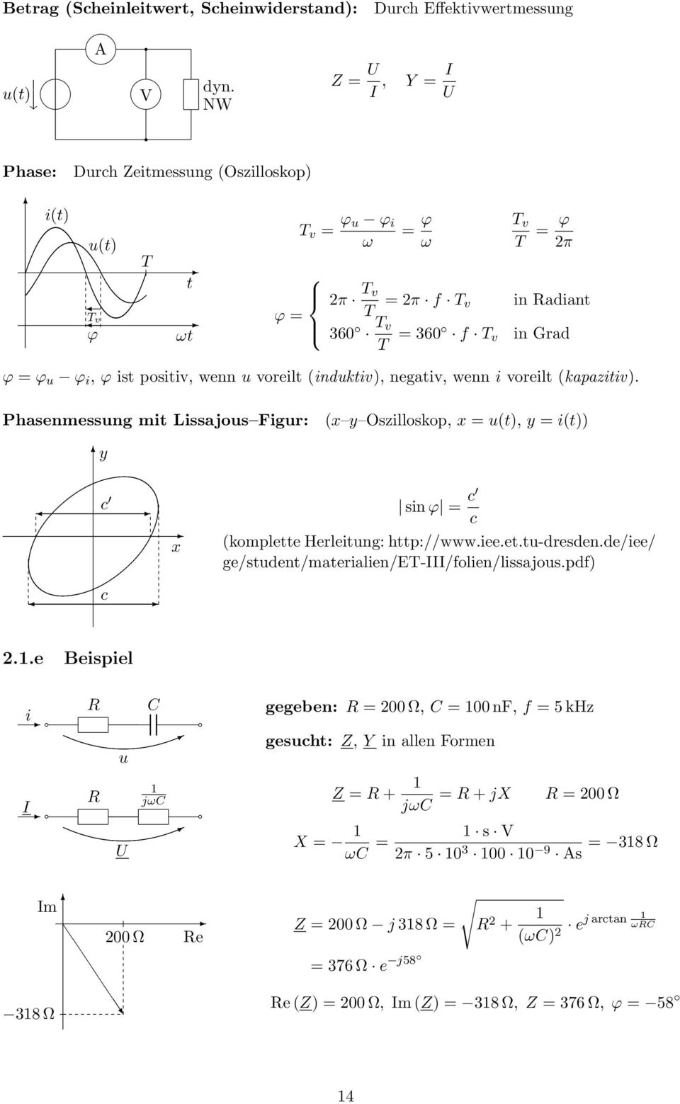 wenn u voreilt (induktiv), negativ, wenn i voreilt (kapazitiv). Phasenmessung mit Lissajous Figur: (x y Oszilloskop, x = u(t), y = i(t)) y c x sin ϕ = c c (komplette Herleitung: http://www.iee.et.tu-dresden.