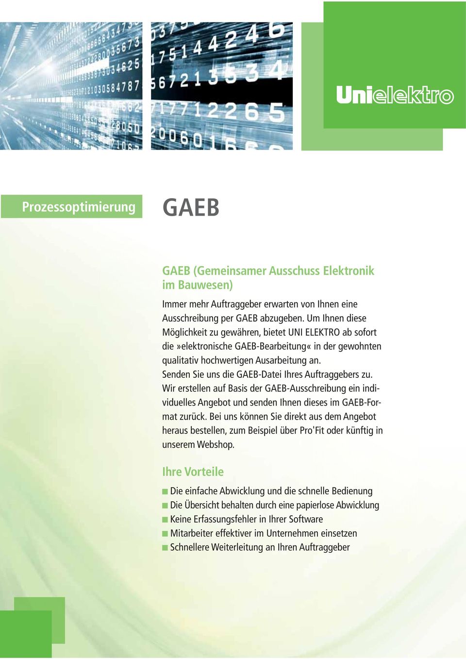 Senden Sie uns die GAEB-Datei Ihres Auftraggebers zu. Wir erstellen auf Basis der GAEB-Ausschreibung ein individuelles Angebot und senden Ihnen dieses im GAEB-Format zurück.