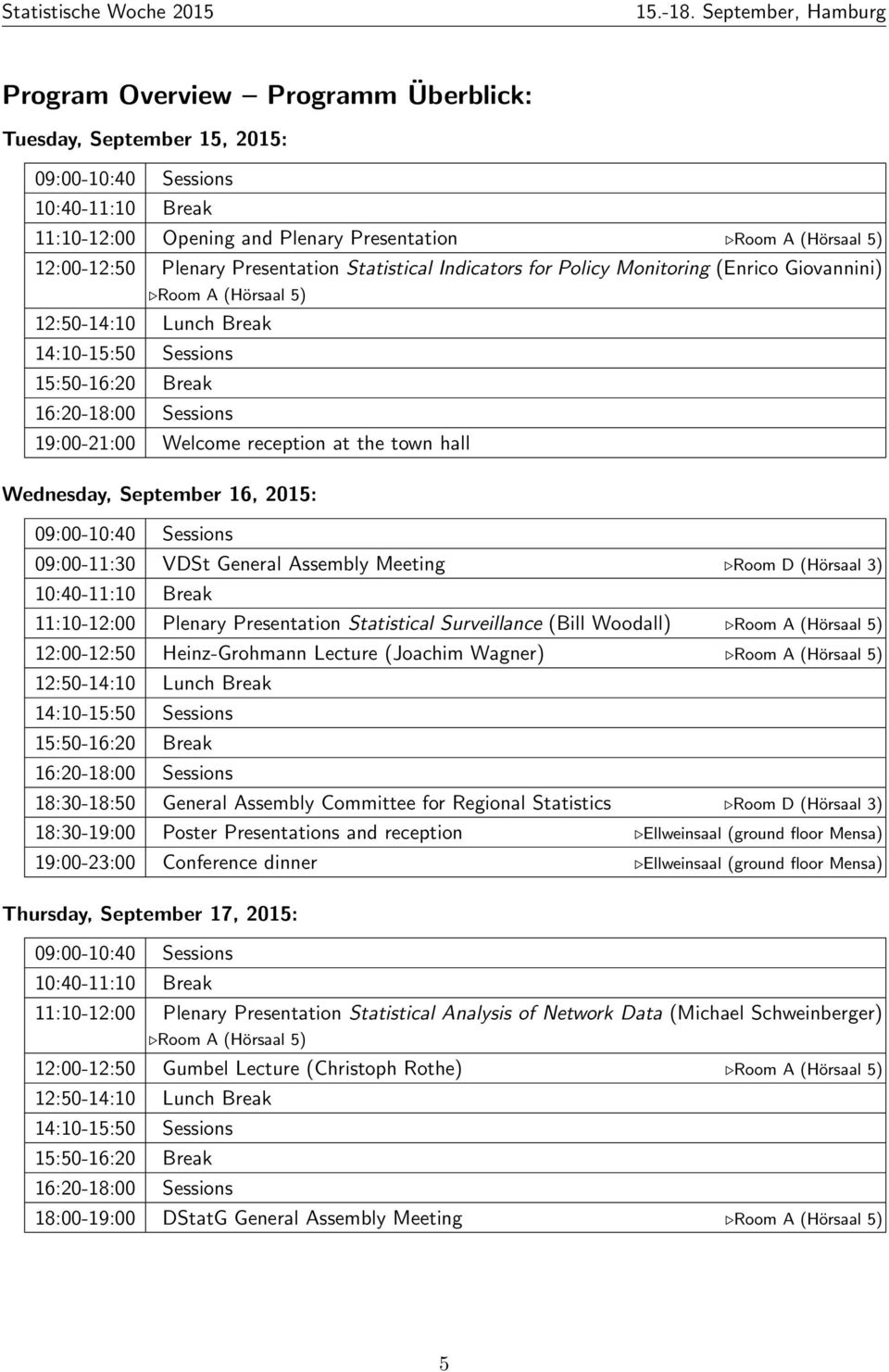 Plenary Presentation Statistical Indicators for Policy Monitoring (Enrico Giovannini) Room A (Hörsaal 5) 12:50-14:10 Lunch Break 14:10-15:50 Sessions 15:50-16:20 Break 16:20-18:00 Sessions