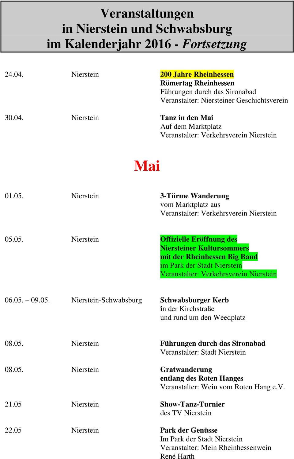 05. 09.05. Nierstein-Schwabsburg Schwabsburger Kerb in der Kirchstraße und rund um den Weedplatz 08.05. Nierstein Führungen durch das Sironabad 08.05. Nierstein Gratwanderung 21.