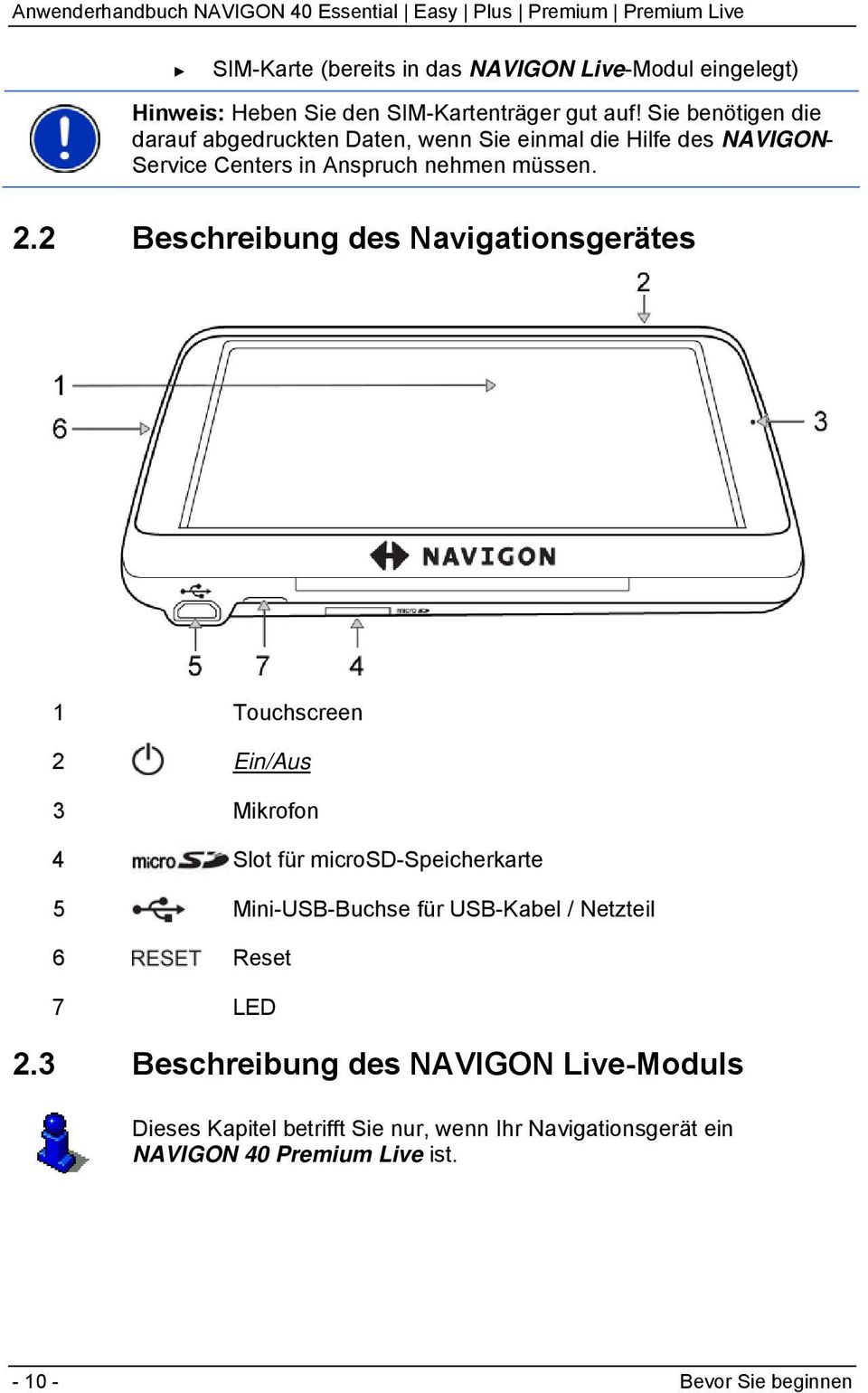 2 Beschreibung des Navigationsgerätes 1 Touchscreen 2 Ein/Aus 3 Mikrofon 4 Slot für microsd-speicherkarte 5 Mini-USB-Buchse für USB-Kabel
