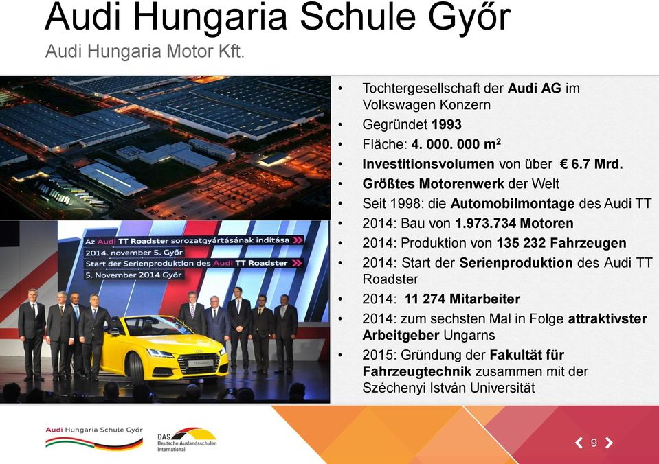 973.734 Motoren 2014: Produktion von 135 232 Fahrzeugen 2014: Start der Serienproduktion des Audi TT Roadster 2014: 11 274 Mitarbeiter