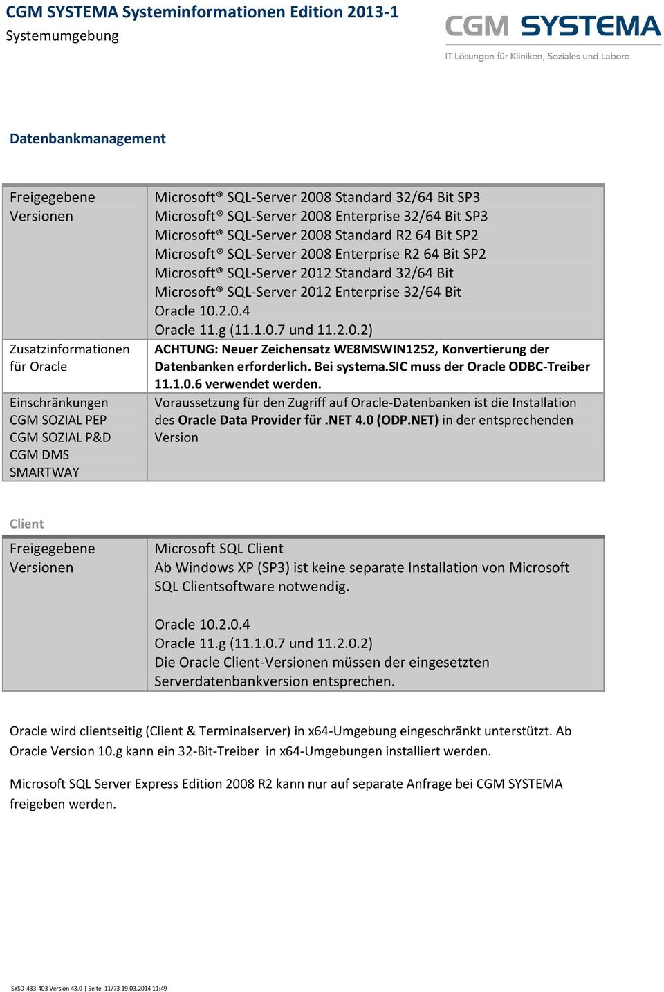 Microsoft SQL-Server 2012 Enterprise 32/64 Bit Oracle 10.2.0.4 Oracle 11.g (11.1.0.7 und 11.2.0.2) ACHTUNG: Neuer Zeichensatz WE8MSWIN1252, Konvertierung der Datenbanken erforderlich. Bei systema.