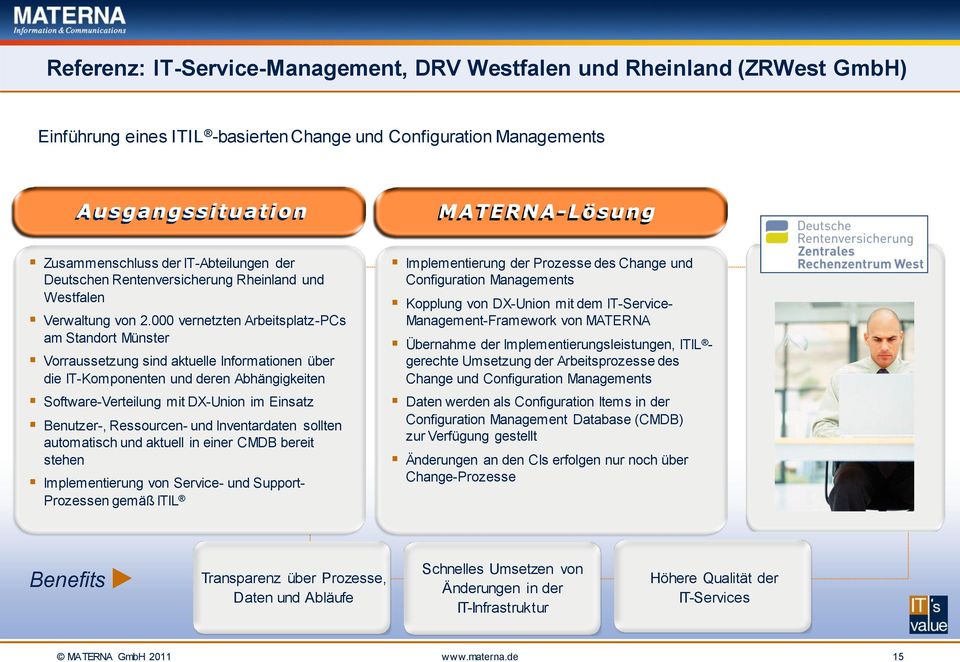 000 vernetzten Arbeitsplatz-PCs am Standort Münster Vorraussetzung sind aktuelle Informationen über die IT-Komponenten und deren Abhängigkeiten Software-Verteilung mit DX-Union im Einsatz Benutzer-,