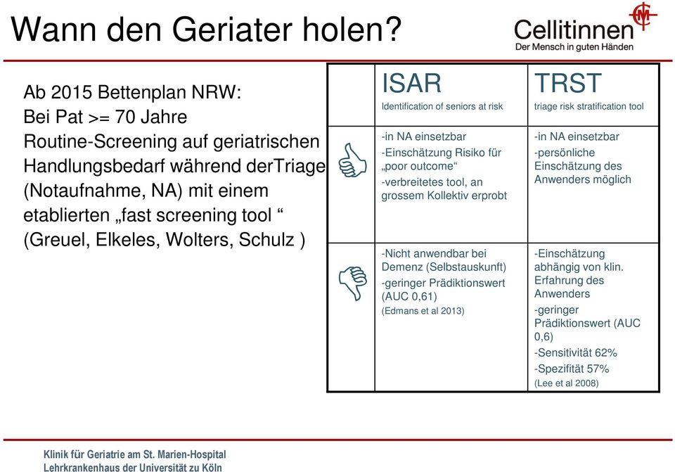 (Greuel, Elkeles, Wolters, Schulz ) ISAR Identification of seniors at risk -in NA einsetzbar -Einschätzung Risiko für poor outcome -verbreitetes tool, an grossem Kollektiv erprobt
