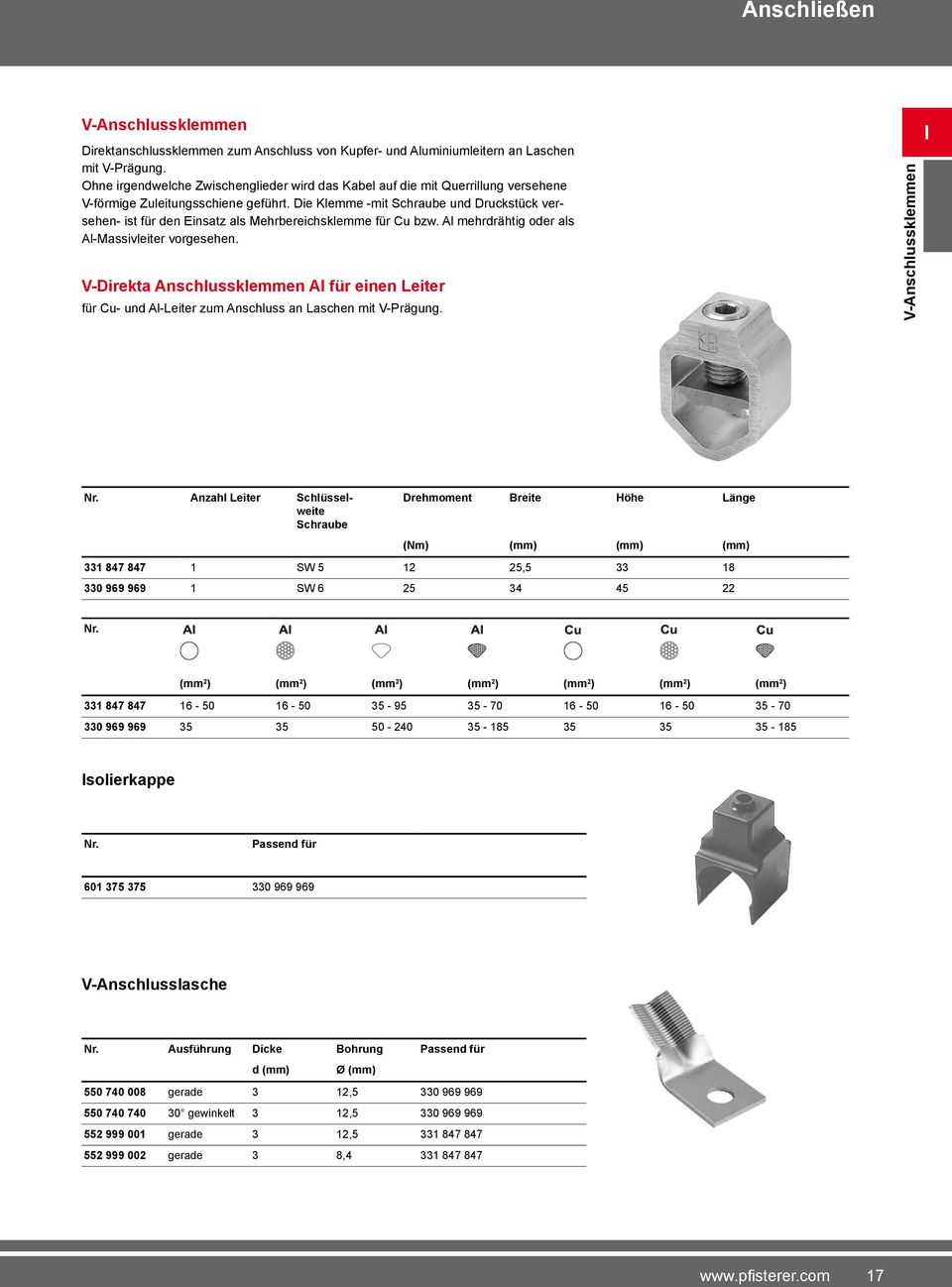 Die Klemme -mit Schraube und Druckstück versehen- ist für den Einsatz als Mehrbereichsklemme für Cu bzw. Al mehrdrähtig oder als Al-Massivleiter vorgesehen.