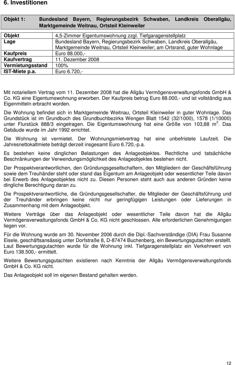 000,- Kaufvertrag 11. Dezember 2008 Vermietungsstand 100% IST-Miete p.a. Euro 6.720,- Mit notariellem Vertrag vom 11. Dezember 2008 hat die Allgäu Vermögensverwaltungsfonds GmbH & Co.