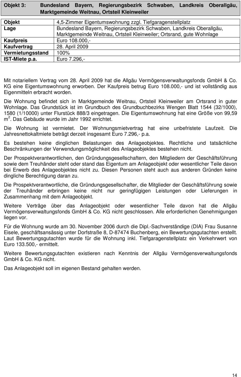 000,- Kaufvertrag 28. April 2009 Vermietungsstand 100% IST-Miete p.a. Euro 7.296,- Mit notariellem Vertrag vom 28. April 2009 hat die Allgäu Vermögensverwaltungsfonds GmbH & Co.