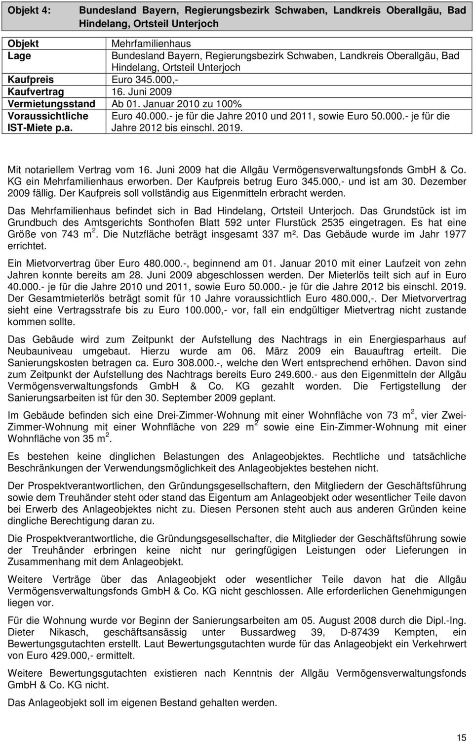 000.- je für die Jahre 2012 bis einschl. 2019. Mit notariellem Vertrag vom 16. Juni 2009 hat die Allgäu Vermögensverwaltungsfonds GmbH & Co. KG ein Mehrfamilienhaus erworben.