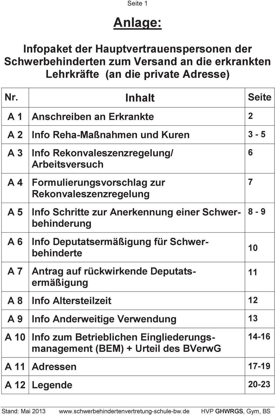 Rekonvaleszenzregelung A 5 Info Schritte zur Anerkennung einer Schwerbehinderung A 6 Info Deputatsermäßigung für Schwerbehinderte A 7 Antrag auf rückwirkende