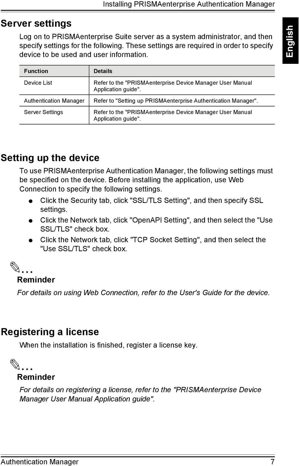 English Function Device List Authentication Manager Server Settings Details Refer to the "PRISMAenterprise Device Manager User Manual Application guide".