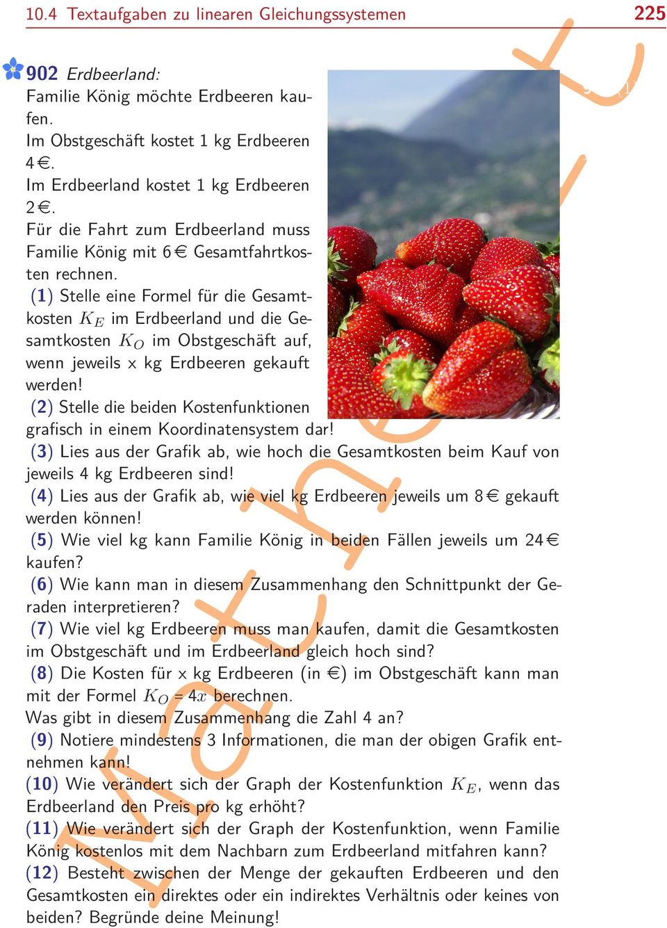 (1) Stelle eine Formel für die Gesamtkosten KE im Erdbeerland und die Gesamtkosten KO im Obstgeschäft auf, wenn jeweils x kg Erdbeeren gekauft werden!