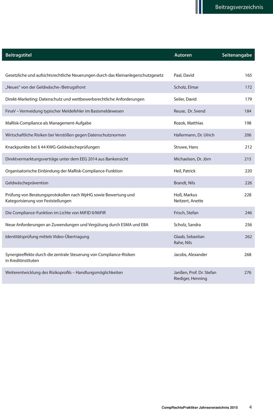 Svend 184 MaRisk-Compliance als Management-Aufgabe Rozok, Matthias 198 Wirtschaftliche Risiken bei Ver stößen gegen Datenschutznormen Hallermann, Dr.