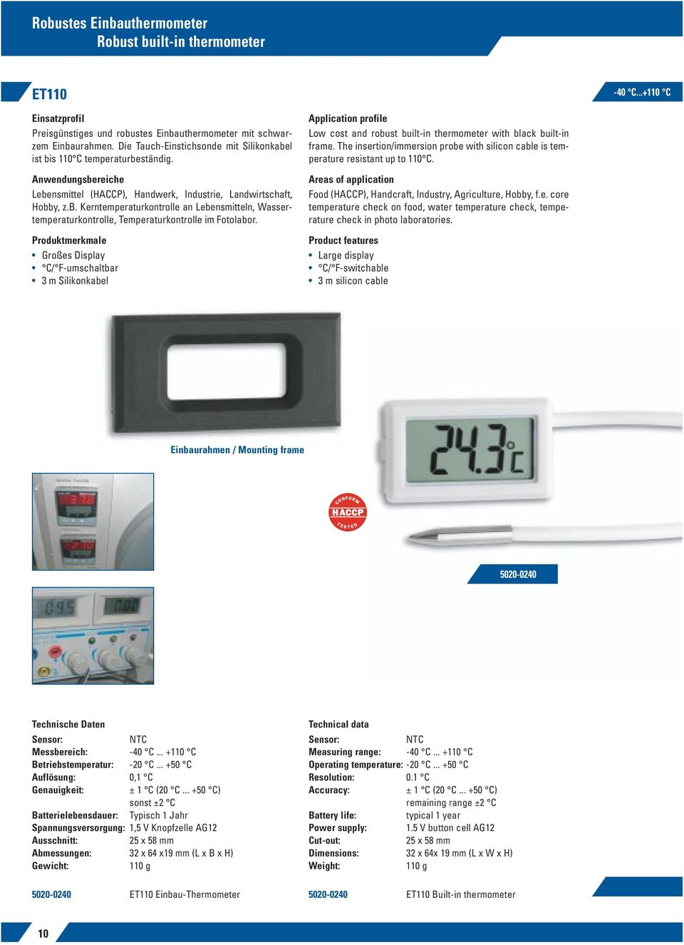 Großes Display C/ F-umschaltbar 3 m Silikonkabel Low cost and robust built-in thermometer with black built-in frame.