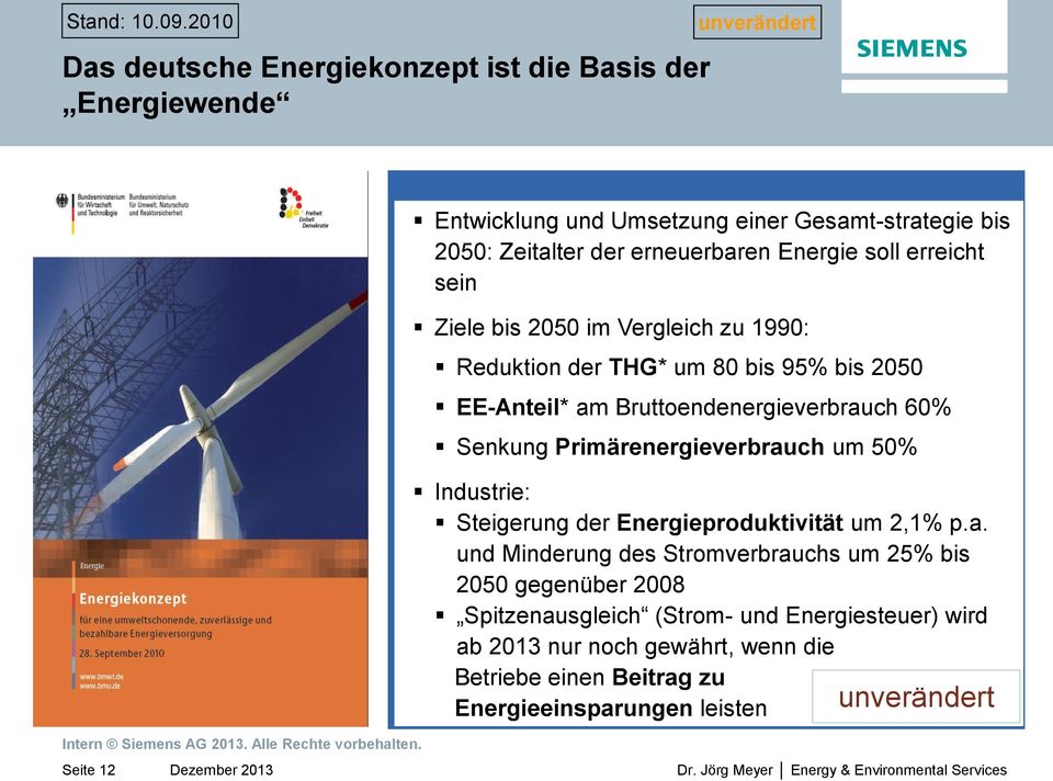 Energie soll erreicht sein Ziele bis 2050 im Vergleich zu 1990: Reduktion der THG* um 80 bis 95% bis 2050 EE-Anteil* am Bruttoendenergieverbrauch 60% Senkung