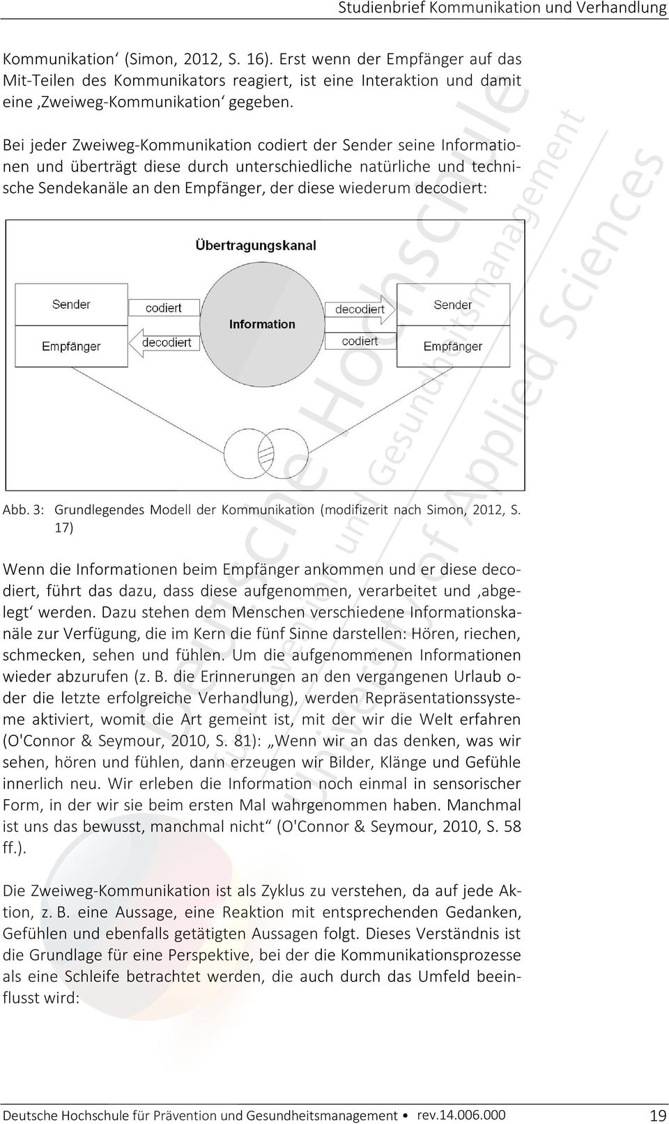 Abb. 3: Grundlegendes Modell der Kommunikation (modifizerit nach Simon, 2012, S.
