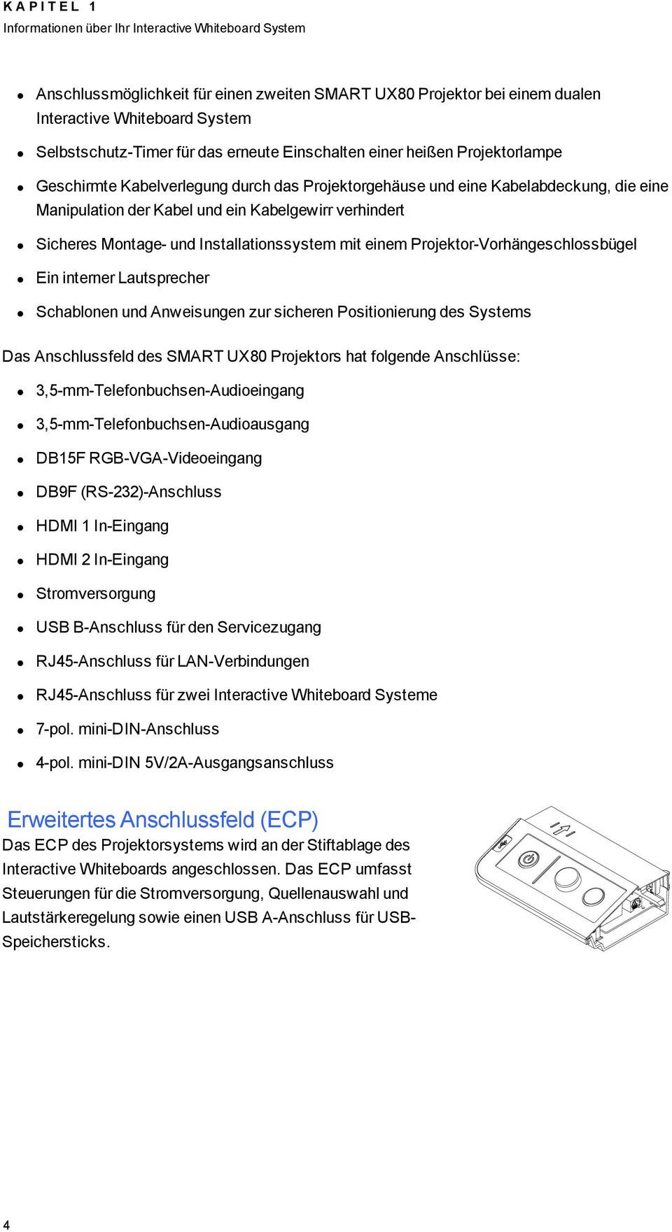 Sicheres Montage- und Installationssystem mit einem Projektor-Vorhängeschlossbügel Ein interner Lautsprecher Schablonen und Anweisungen zur sicheren Positionierung des Systems Das Anschlussfeld des