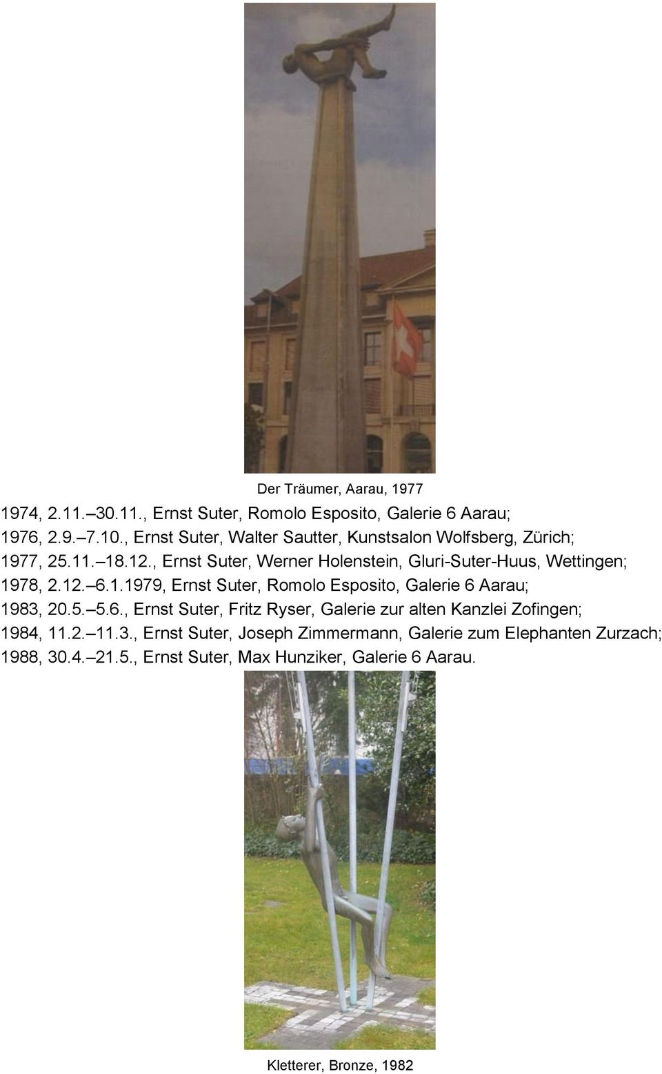 , Ernst Suter, Werner Holenstein, Gluri-Suter-Huus, Wettingen; 1978, 2.12. 6.1.1979, Ernst Suter, Romolo Esposito, Galerie 6 Aarau; 1983, 20.5.