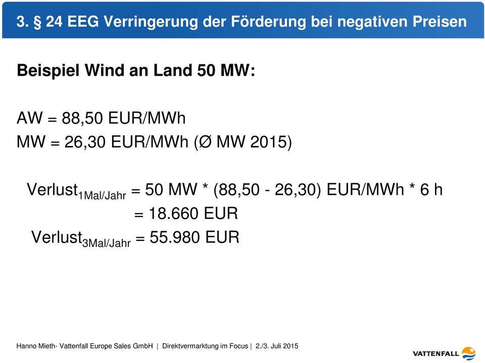 EUR/MWh (Ø MW 2015) Verlust 1Mal/Jahr = 50 MW *