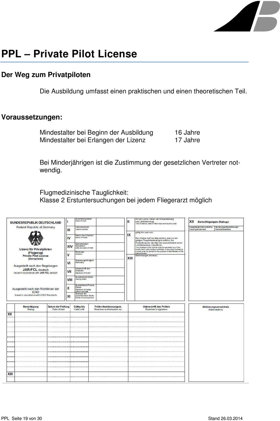 Voraussetzungen: Mindestalter bei Beginn der Ausbildung Mindestalter bei Erlangen der Lizenz 16 Jahre 17