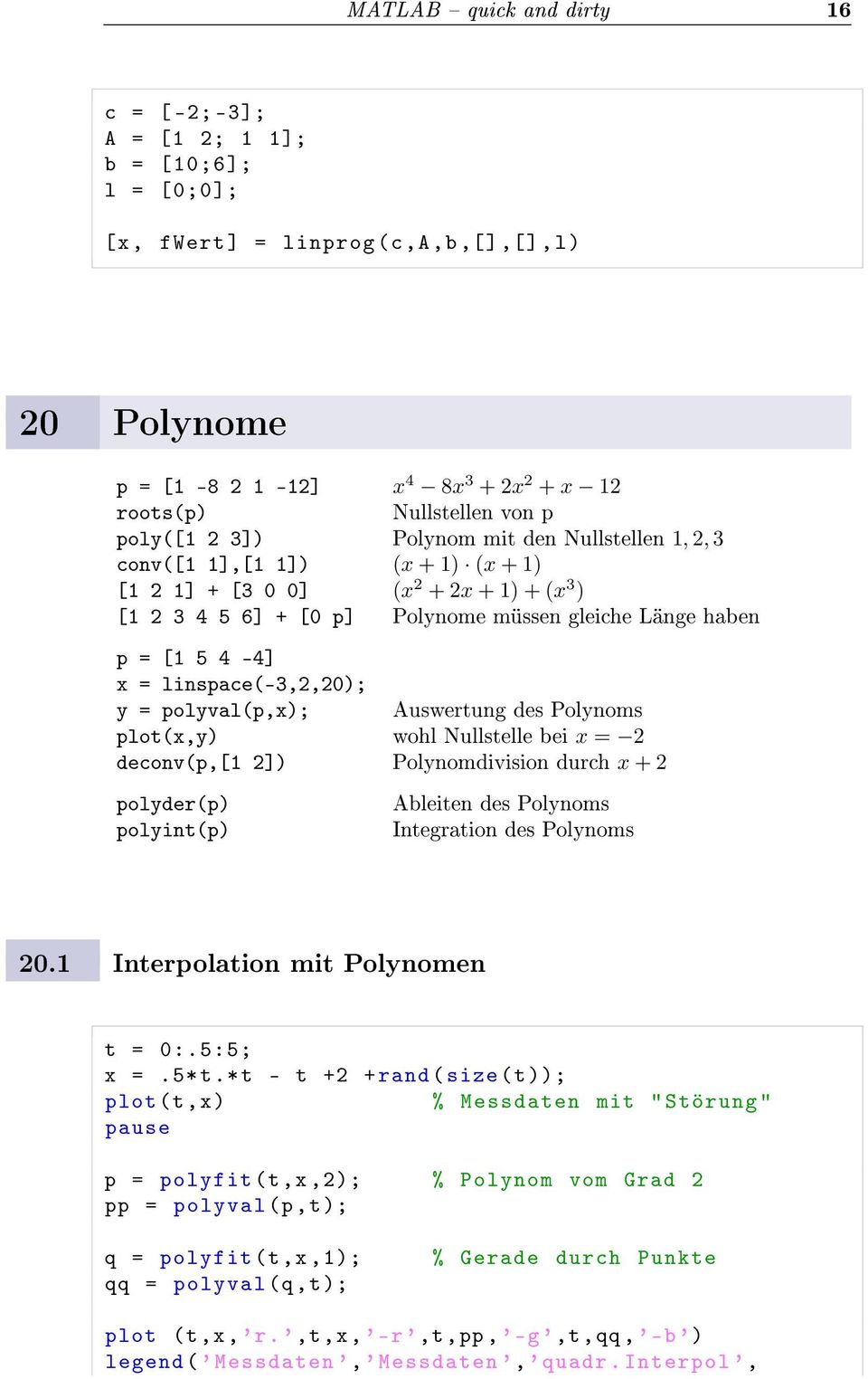 = linspace(-3,2,20); y = polyval(p,x); Auswertung des Polynoms plot(x,y) wohl Nullstelle bei x = 2 deconv(p,[1 2]) Polynomdivision durch x + 2 polyder(p) polyint(p) Ableiten des Polynoms Integration