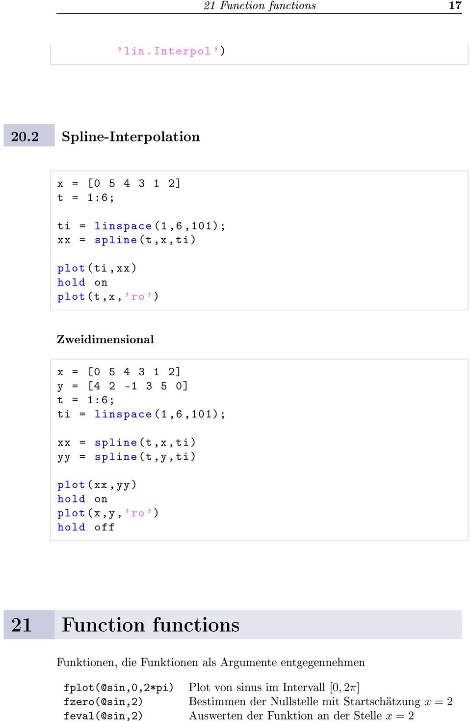 x = [0 5 4 3 1 2] y = [4 2-1 3 5 0] t = 1: 6; ti = linspace (1,6,101); xx = spline (t,x, ti ) yy = spline (t,y, ti ) plot (xx, yy ) hold on plot (x,y,'ro