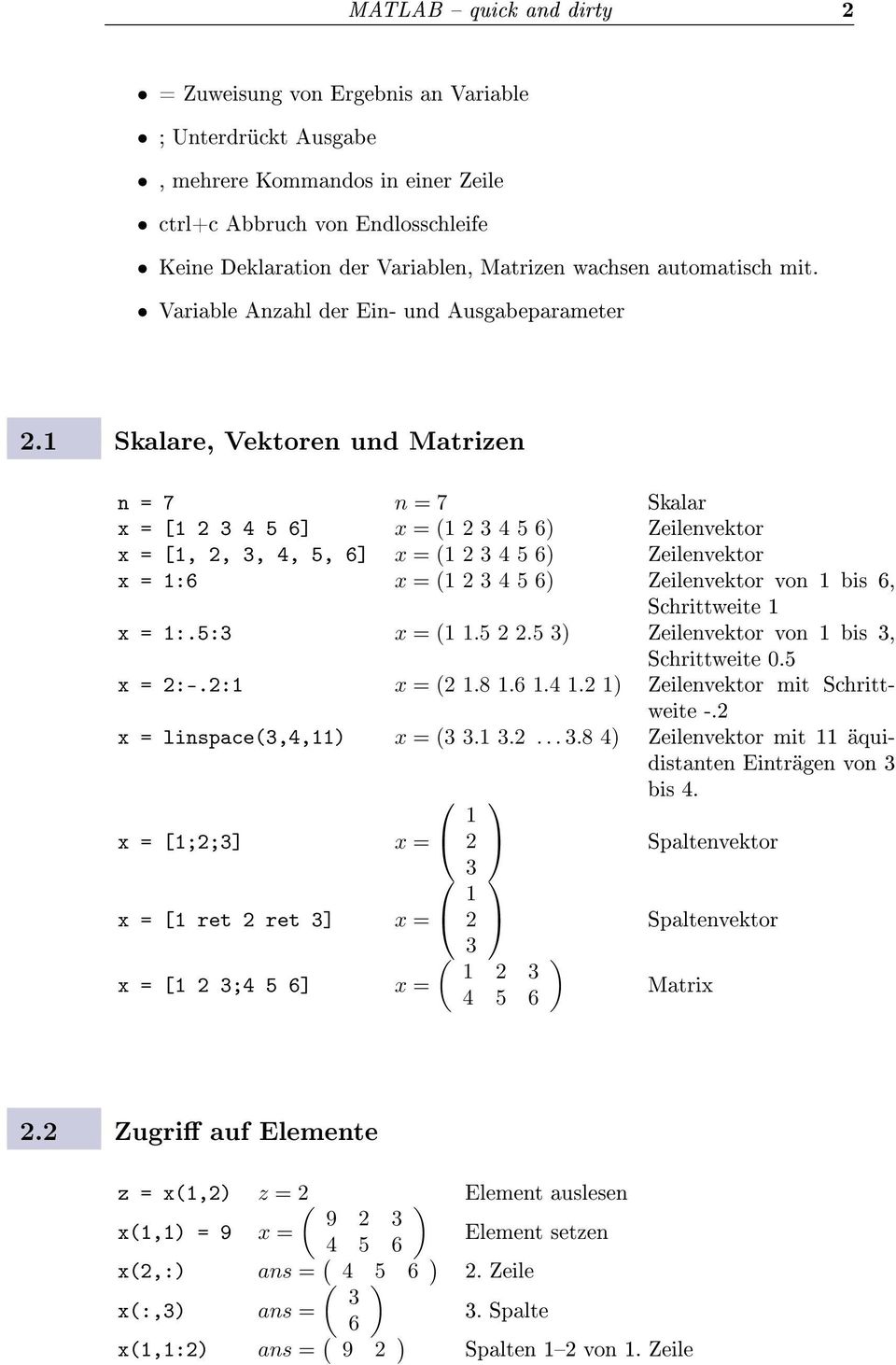1 Skalare, Vektoren und Matrizen n = 7 n = 7 Skalar x = [1 2 3 4 5 6] x = (1 2 3 4 5 6) Zeilenvektor x = [1, 2, 3, 4, 5, 6] x = (1 2 3 4 5 6) Zeilenvektor x = 1:6 x = (1 2 3 4 5 6) Zeilenvektor von 1