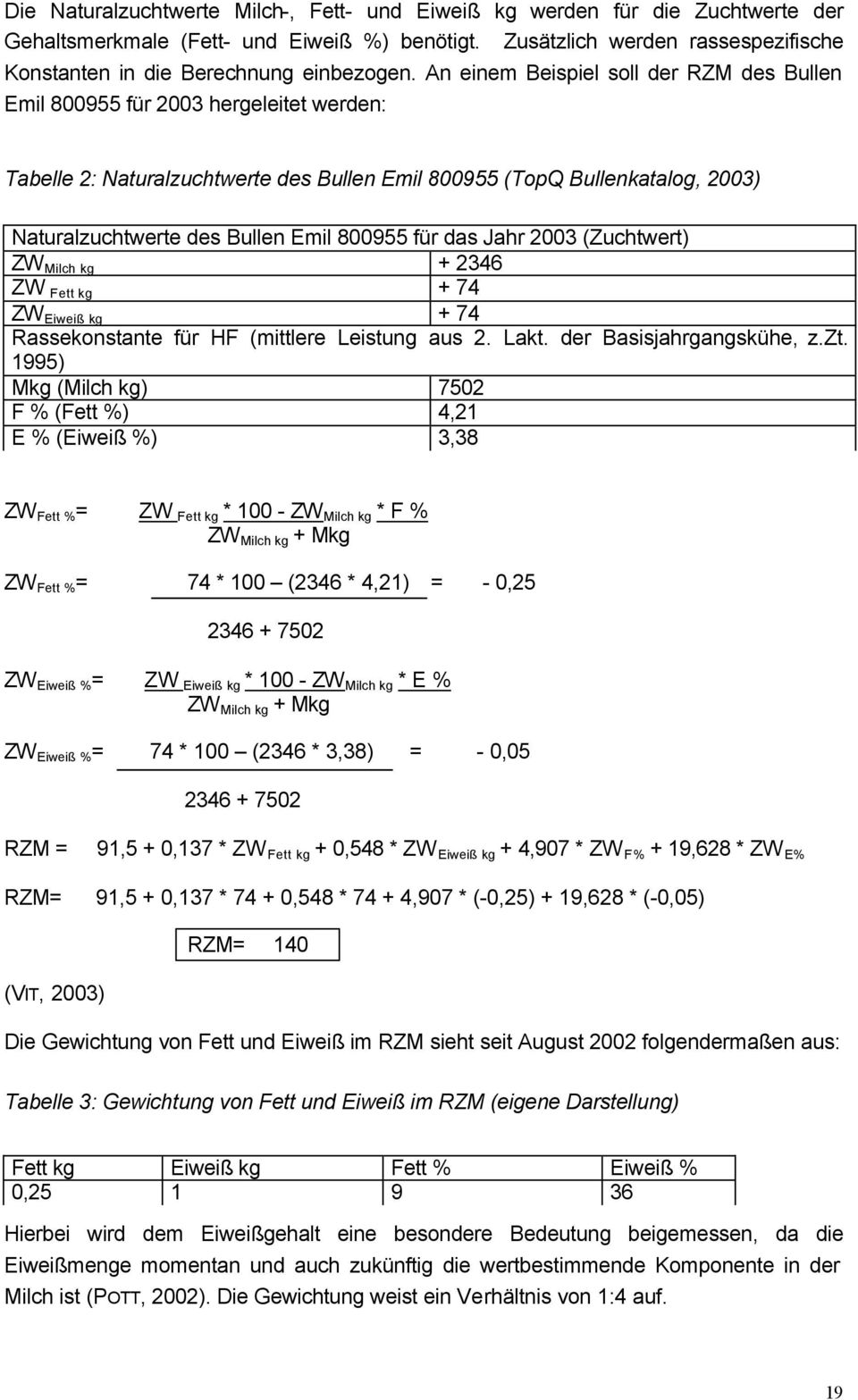 An einem Beispiel soll der RZM des Bullen Emil 800955 für 2003 hergeleitet werden: Tabelle 2: Naturalzuchtwerte des Bullen Emil 800955 (TopQ Bullenkatalog, 2003) Naturalzuchtwerte des Bullen Emil