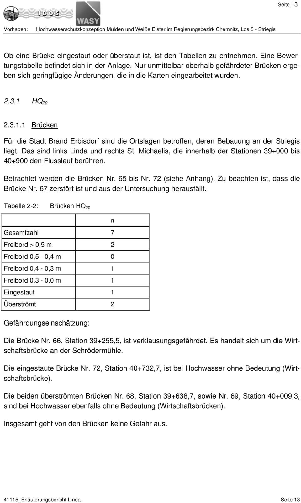 HQ 20 2.3.1.1 Brücken Für die Stadt Brand Erbisdorf sind die Ortslagen betroffen, deren Bebauung an der Striegis liegt. Das sind links Linda und rechts St.