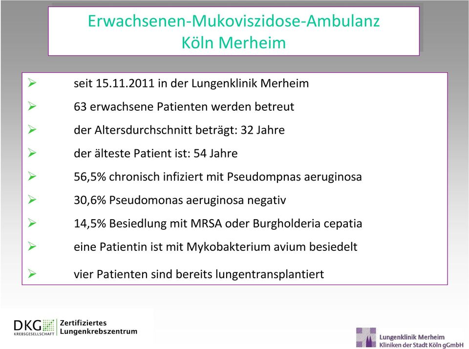 der älteste Patient ist: 54 Jahre 56,5% chronisch infiziert mit Pseudompnas aeruginosa 30,6% Pseudomonas